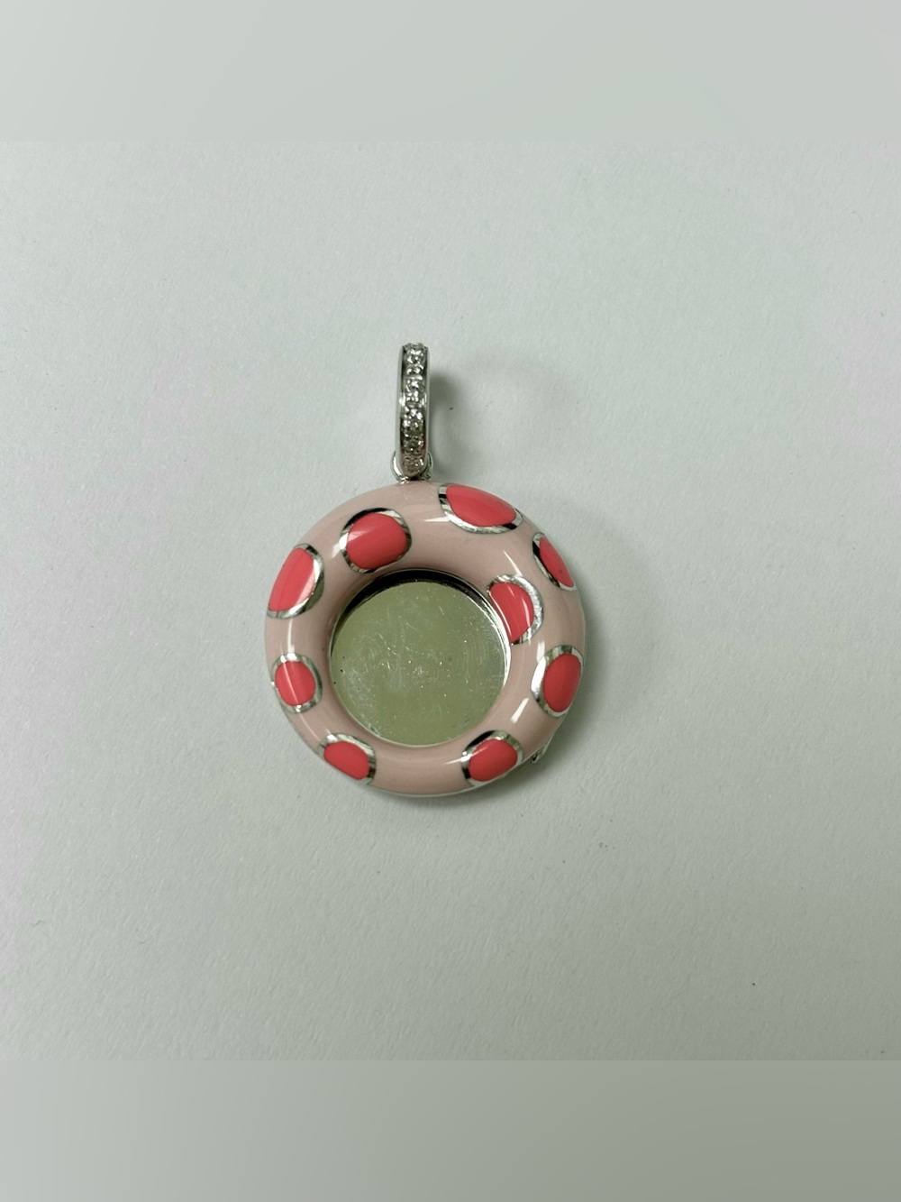 Aaron Basha 18K White Gold Diamond Pink Coral Enamel Polka Dot Locket